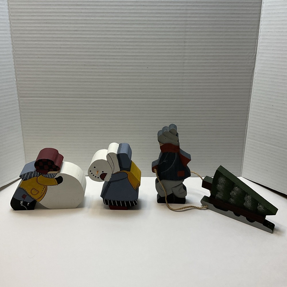 Vintage Christmas‎ Handmade Wooden Folk Art Kids Building Snowman & Pulling Tree